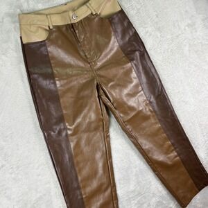Le Lis Women's Faux Leather Colorblock Pants Sz M Brown Tan High Rise Cropped